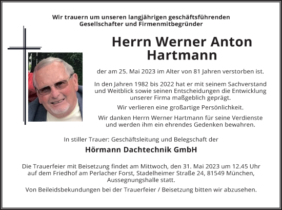 Traueranzeige von Werner Anton Hartmann von merkurtz