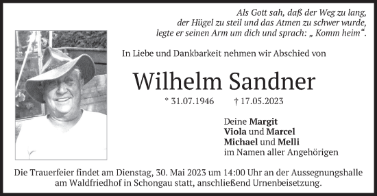 Traueranzeige von Wilhelm Sandner von merkurtz