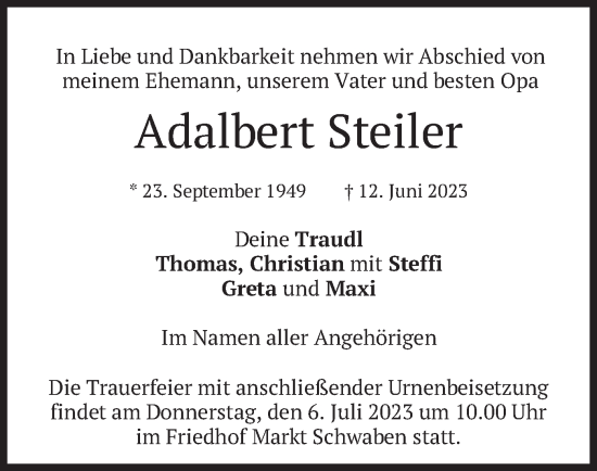 Traueranzeige von Adalbert Steiler von merkurtz