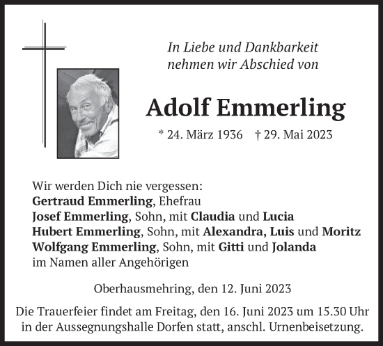 Traueranzeige von Adolf Emmerling von merkurtz