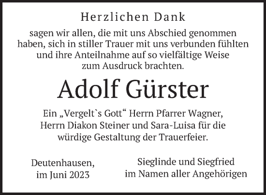 Traueranzeige von Adolf Gürster von merkurtz