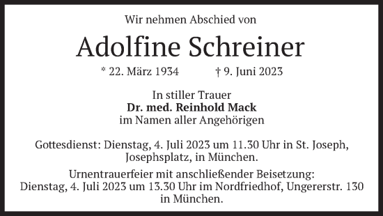 Traueranzeige von Adolfine Schreiner von merkurtz