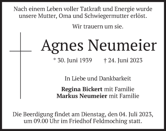 Traueranzeige von Agnes Neumeier von merkurtz