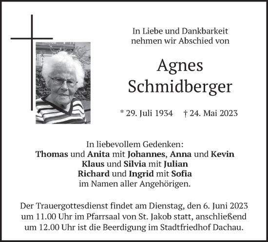 Traueranzeige von Agnes Schmidberger von merkurtz
