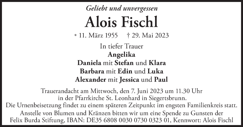  Traueranzeige für Alois Fischl vom 03.06.2023 aus merkurtz