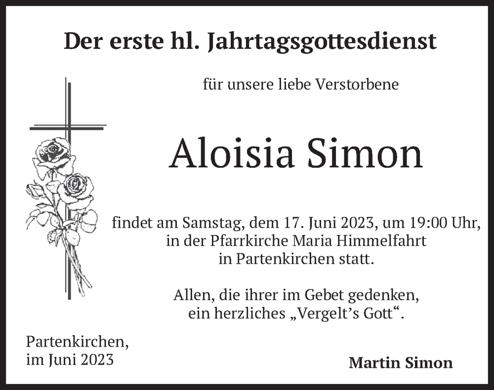  Traueranzeige für Aloisia Simon vom 10.06.2023 aus merkurtz