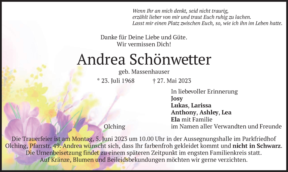  Traueranzeige für Andrea Schönwetter vom 03.06.2023 aus merkurtz