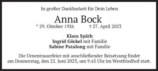 Traueranzeige von Anna Bock von merkurtz