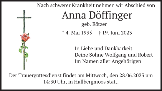 Traueranzeige von Anna Döffinger von merkurtz