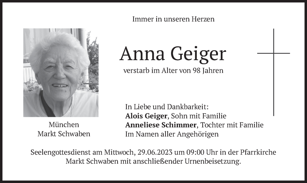 Traueranzeigen von Anna Geiger | trauer.merkur.de