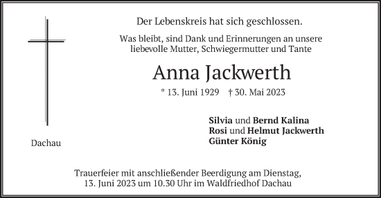 Traueranzeige von Anna Jackwerth von merkurtz