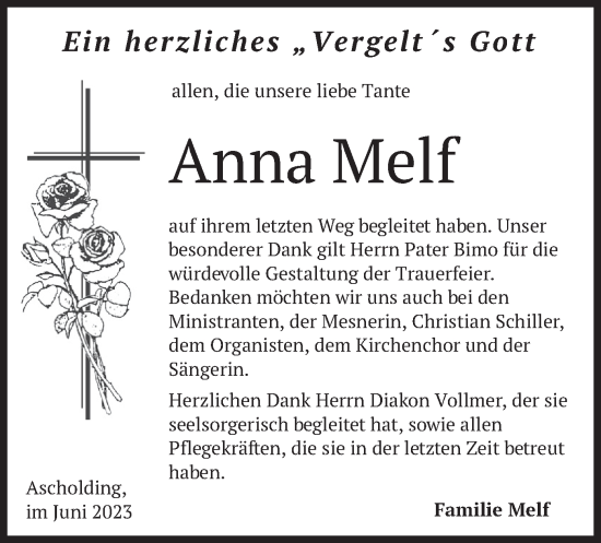 Traueranzeige von Anna Melf von merkurtz