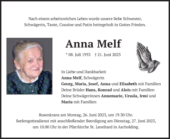 Traueranzeige von Anna Melf von merkurtz