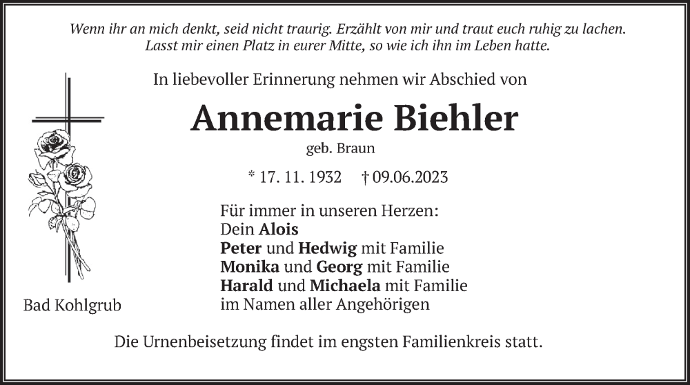  Traueranzeige für Annemarie Biehler vom 14.06.2023 aus merkurtz