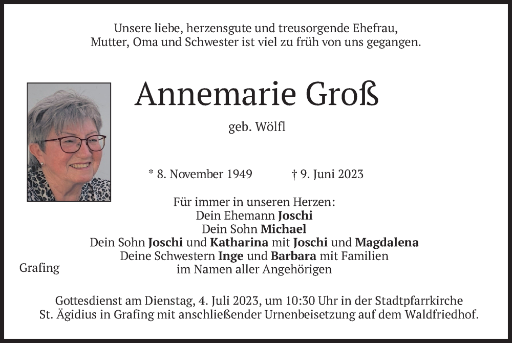  Traueranzeige für Annemarie Groß vom 29.06.2023 aus merkurtz