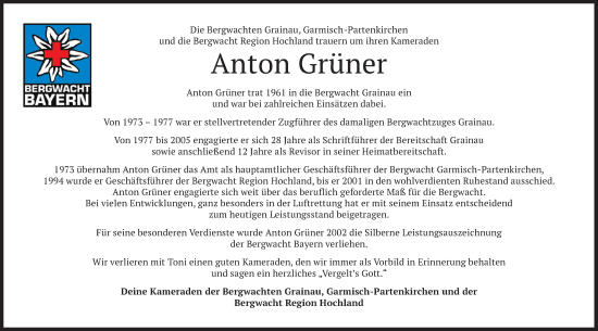 Traueranzeige von Anton Grüner von merkurtz