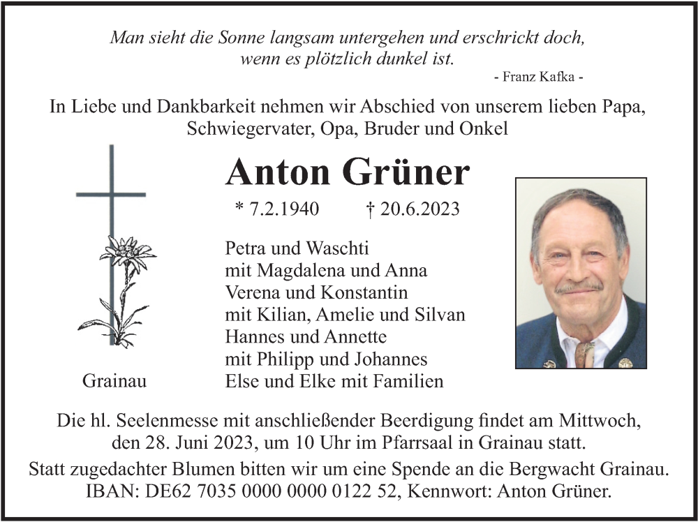  Traueranzeige für Anton Grüner vom 24.06.2023 aus merkurtz