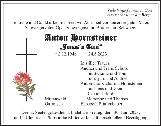 Traueranzeige von Anton Hornsteiner von merkurtz