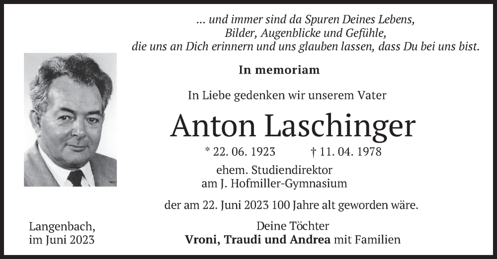  Traueranzeige für Anton Laschinger vom 24.06.2023 aus merkurtz