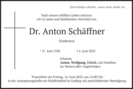 Traueranzeige von Anton Schäffner von merkurtz