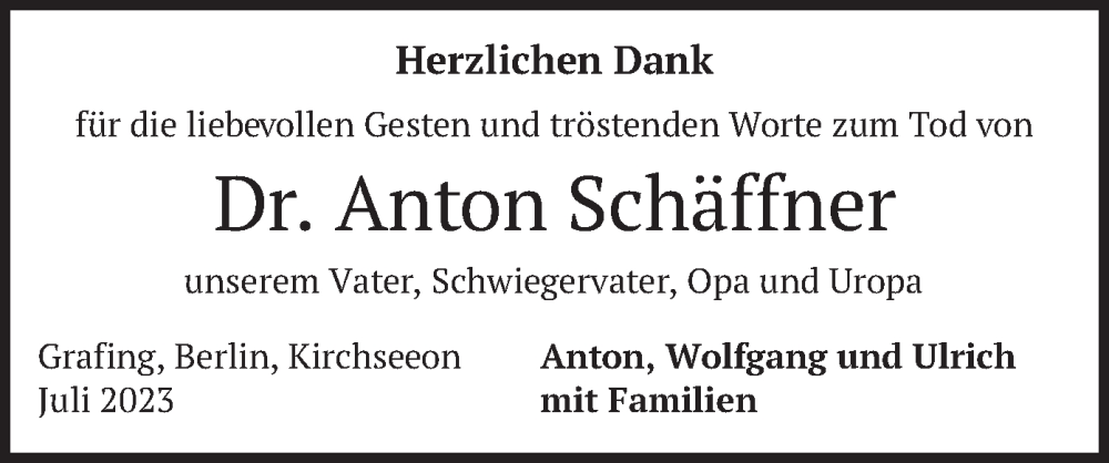  Traueranzeige für Anton Schäffner vom 01.07.2023 aus merkurtz