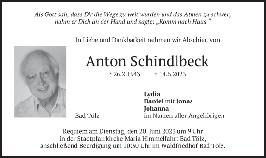 Traueranzeige von Anton Schindlbeck von merkurtz