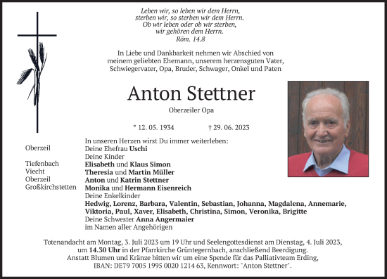 Traueranzeige von Anton Stettner von merkurtz