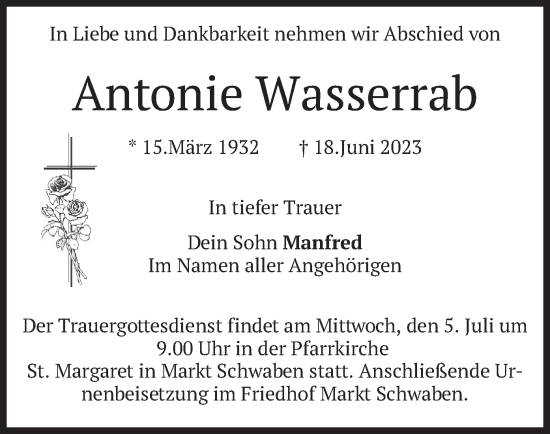 Traueranzeige von Antonie Wasserrah von merkurtz