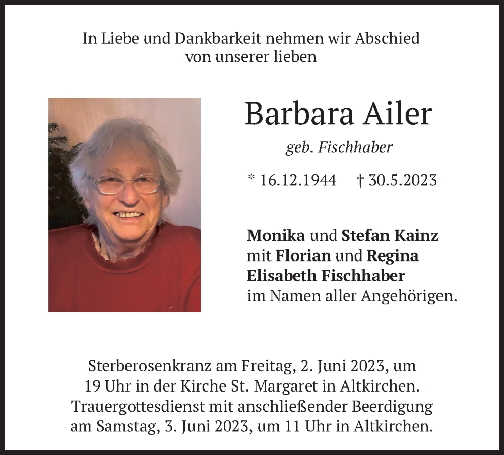  Traueranzeige für Barbara Ailer vom 01.06.2023 aus merkurtz
