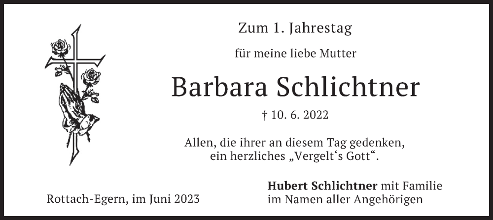  Traueranzeige für Barbara Schlichtner vom 10.06.2023 aus merkurtz