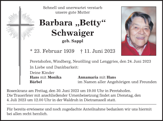 Traueranzeige von Barbara Schwaiger von merkurtz