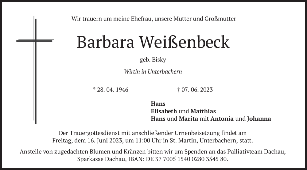 Traueranzeige für Barbara Weißenbeck vom 10.06.2023 aus merkurtz