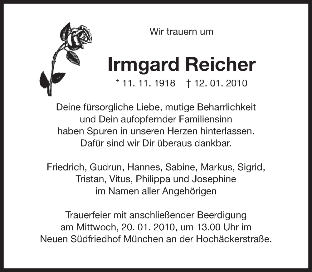  Traueranzeige für Irmgard Reicher vom 16.01.2010 aus MERKUR & TZ