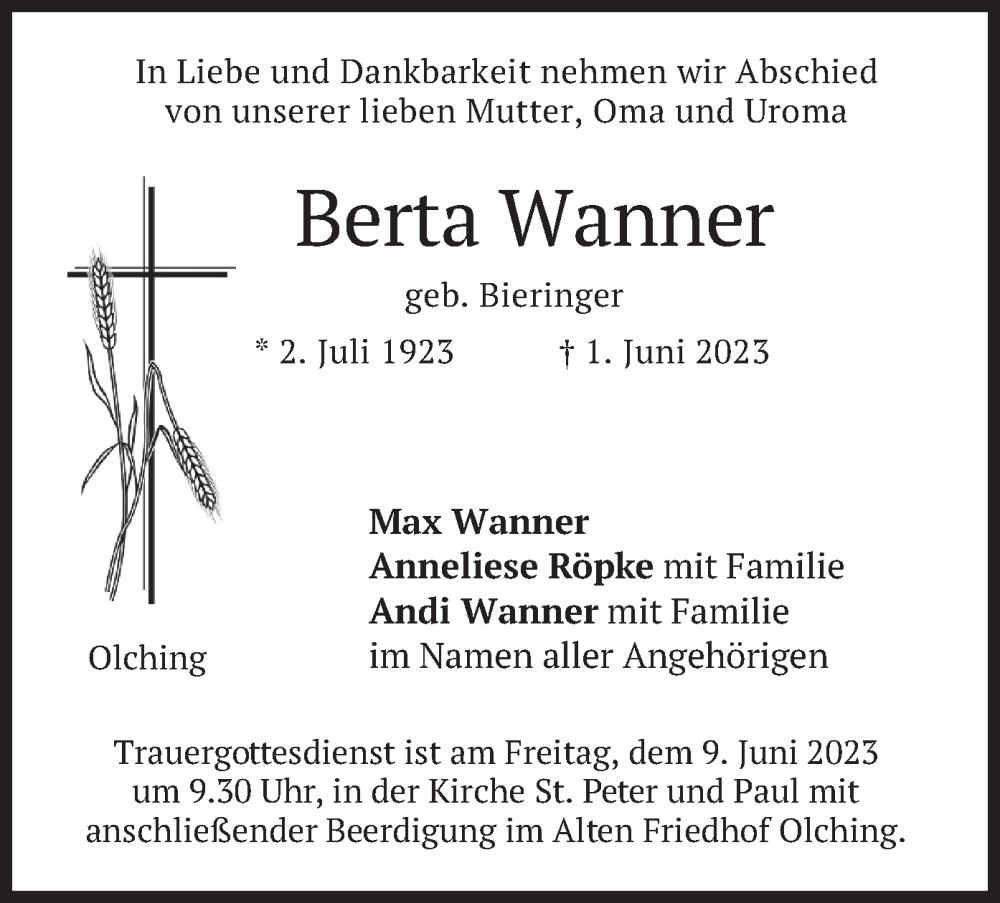  Traueranzeige für Berta Wanner vom 06.06.2023 aus merkurtz