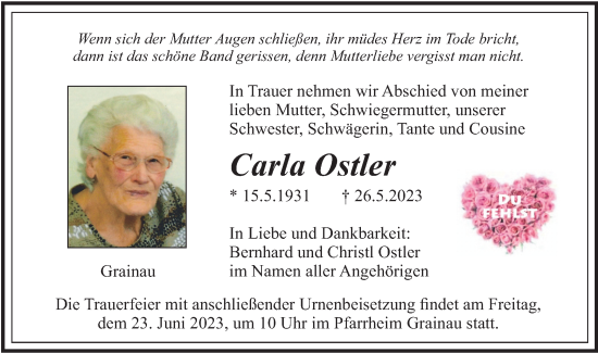 Traueranzeige von Carla Ostler von merkurtz