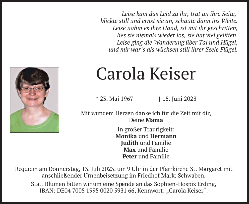  Traueranzeige für Carola Keiser vom 01.07.2023 aus merkurtz