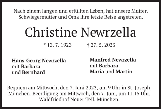 Traueranzeige von Christine Newrzella von merkurtz