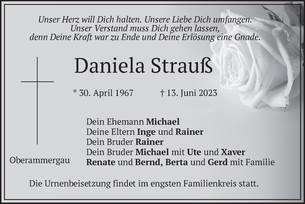  Traueranzeige für Daniela Strauß vom 24.06.2023 aus merkurtz