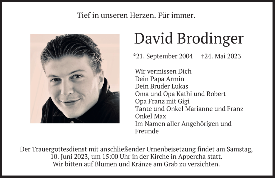 Traueranzeige von David Brodinger von merkurtz