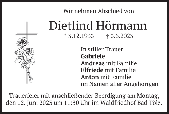Traueranzeige von Dietlind Hörmann von merkurtz