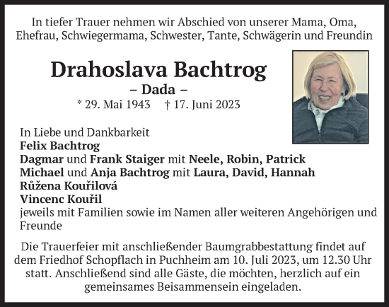 Traueranzeige von Drahoslava Bachtrog von merkurtz