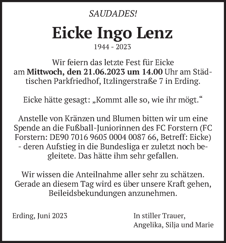  Traueranzeige für Eicke Ingo Lenz vom 17.06.2023 aus merkurtz