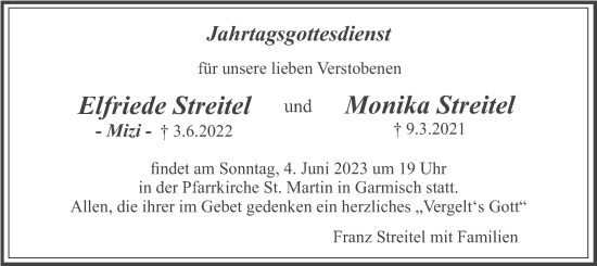 Traueranzeige von Elfriede und Monika Streitel