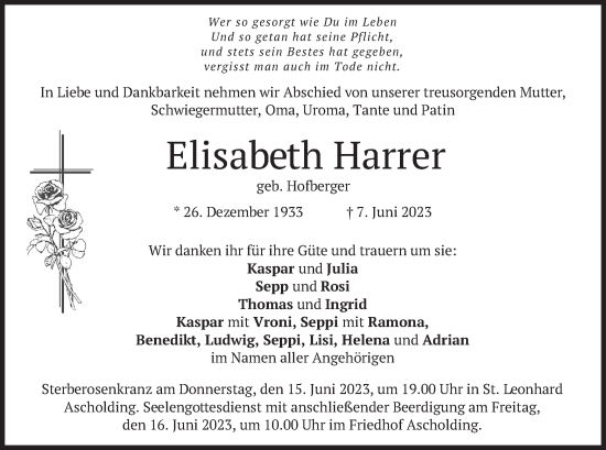 Traueranzeige von Elisabeth Harrer von merkurtz