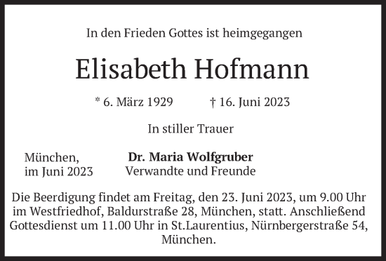 Traueranzeige von Elisabeth Hofmann von merkurtz