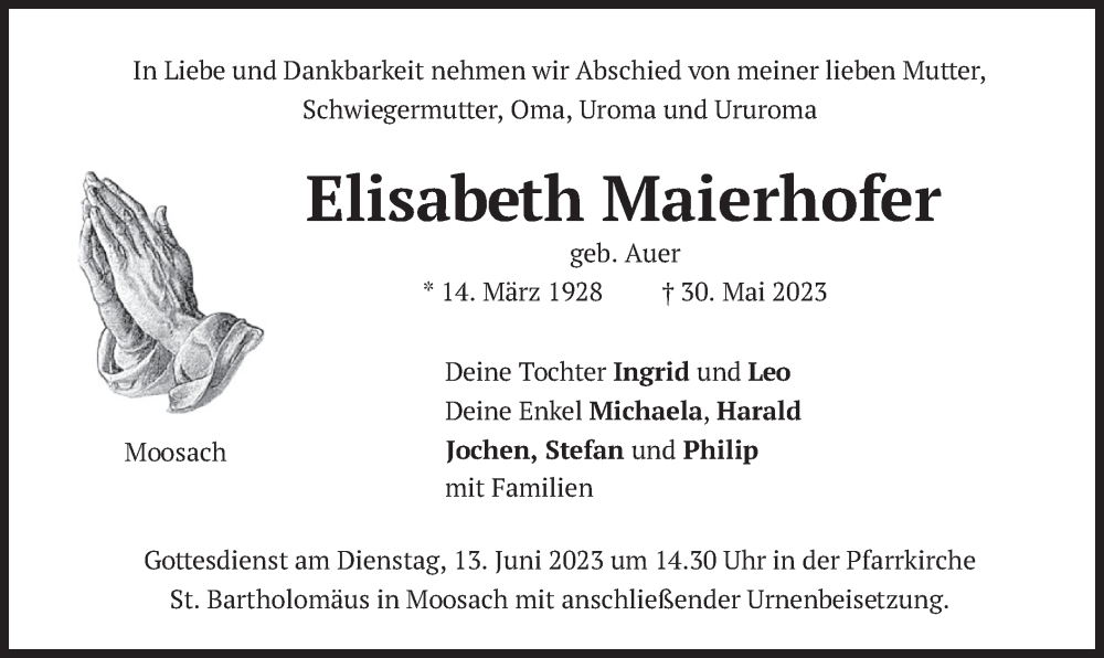 Traueranzeige für Elisabeth Maierhofer vom 07.06.2023 aus merkurtz