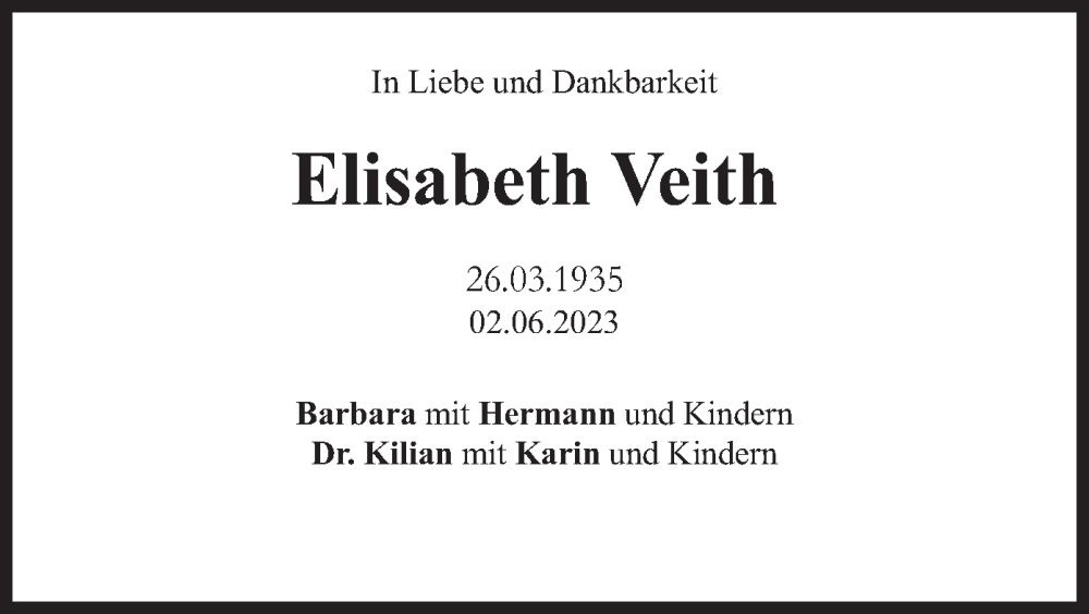  Traueranzeige für Elisabeth Veith vom 10.06.2023 aus merkurtz