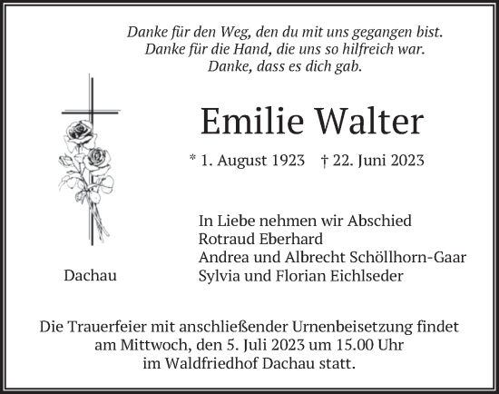 Traueranzeige von Emilie Walter von merkurtz