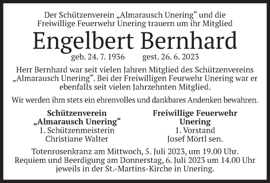 Traueranzeige von Engelbert Bernhard von merkurtz