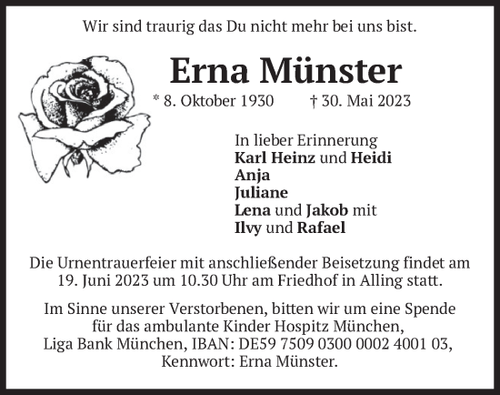 Traueranzeige von Erna Münster von merkurtz